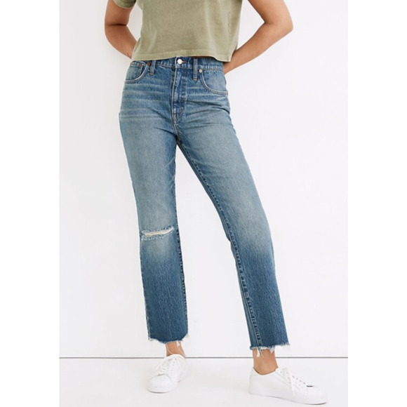 Madewell Denim - MADEWELL 30" Slim Demi-Boot Jeans in Danville Wash Ripped Edition Medium Wash